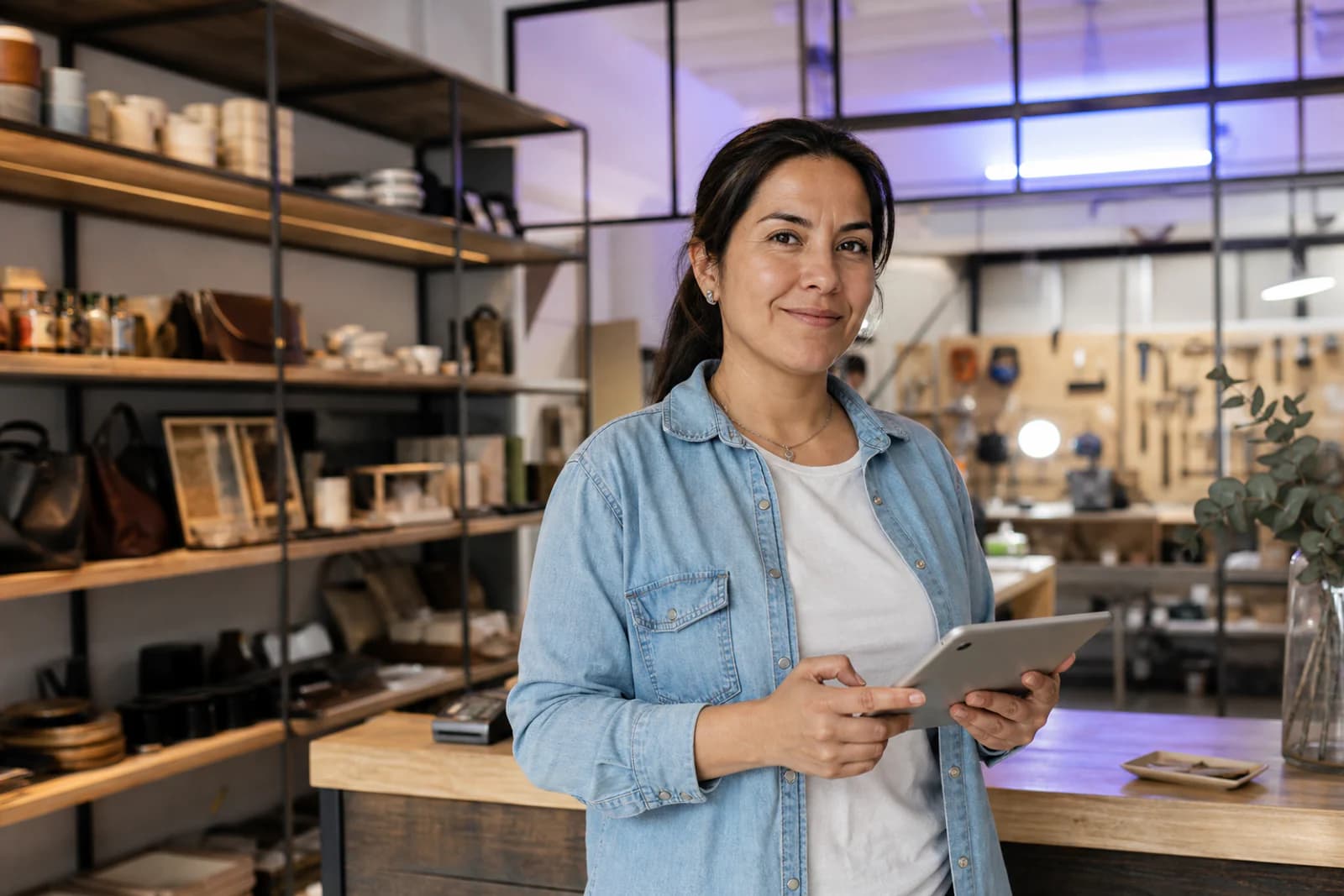Dueña de un negocio organizando su operación desde una tablet