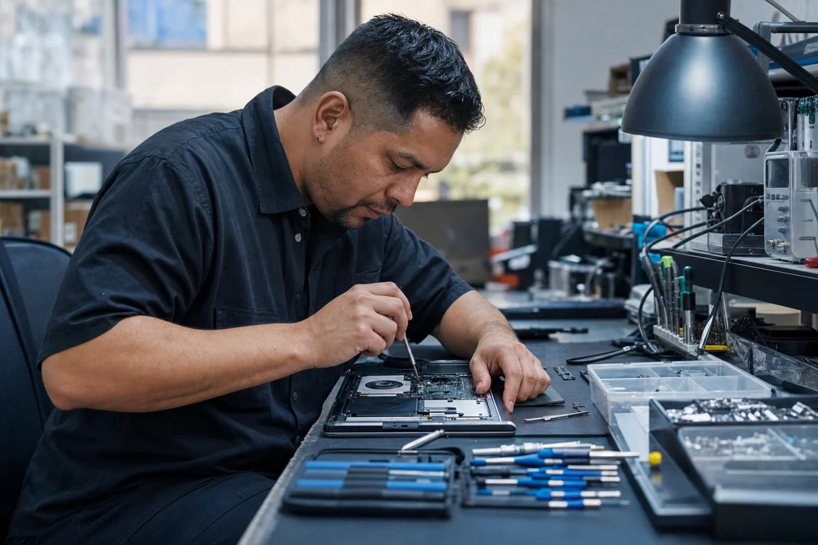Técnico reparando una notebook en un taller organizado